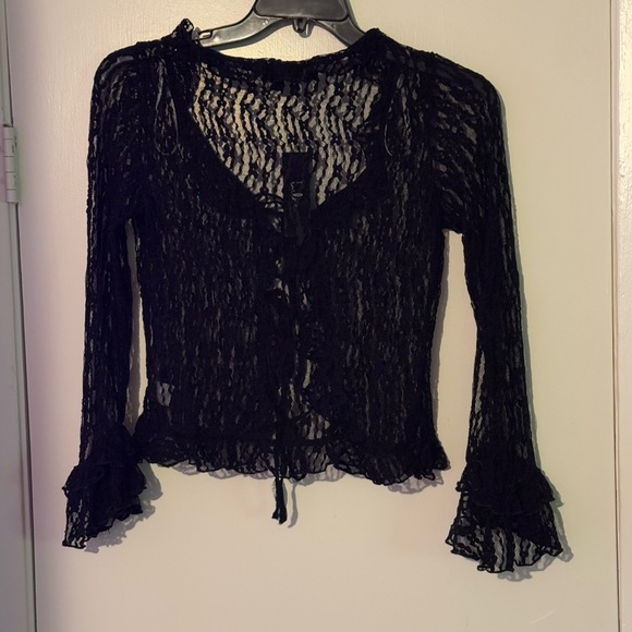 Lulus Flirty Aura Sheer Lace Ruffled Long Sleeve Tie-Front Top - Picture 8 of 9